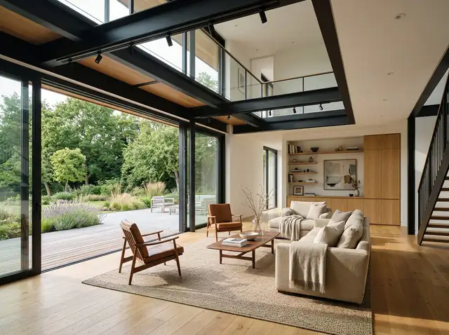 Interior com pé-direito duplo em Steel Frame no Lago Sul